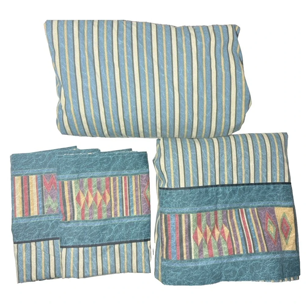 JCPenney Sheet Set Southwestern KING Vtg Teal Marble Stripes Geometric Tribal
